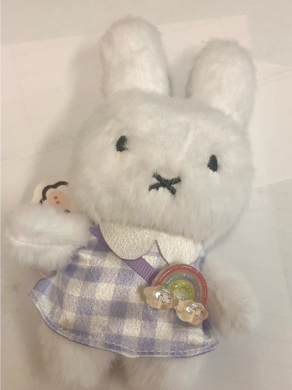 miffy White Plush Bunny with Purple Gingham Dress and Rainbow Charm